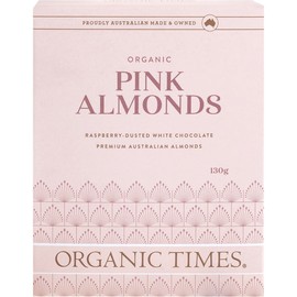 ORGANIC TIMES Pink Raspberry Dusted White Choc Almonds 130g