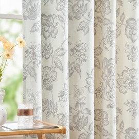 jinchan Floral Curtains Burlap Look Curtain 63 Inch Long Faux Linen Taupe Flower Patterned Drapes for Living Room Light Filtering Farmhouse Curtain Rod Pocket Window Curtains for Bedroom 2 Panels