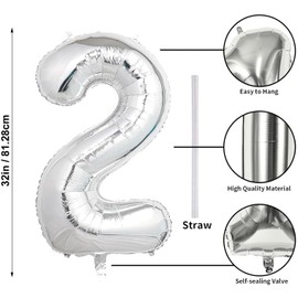 32 In Silver Large Numbers Balloons 0-9, Self Inflating Number 2 Balloons for Boys Girls, Big Silver Digit 2 Balloons for Women Men Birthday Party Anniversary Wedding Supplies Decorations