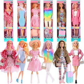 ebuddy 6 Pack Fashion Dolls Set with Mix & Match Outfits – 11.5" Posable Black Dolls & 5 Accessories Each (Crown, Necklace, Headscarf & More) + Pink Gift Case