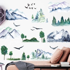 Ink Painting Mountain Wall Decals Abstract Mountain Tree Wall Stickers Chinese Style Splash Ink Landscape Painting Green Tree Birds Wall Art Decor for Bedroom Living Room Office TV Background DT-4974