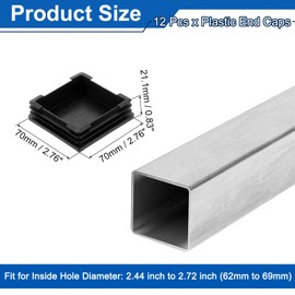 QUARKZMAN 2 3/4 Inch (70 mm) Square Pipe Plugs, Pack of 12 Plastic Hole Plugs, Insert End Cap for Metal Pipes, Posts, Chair Legs, Table, Bookshelves, Furniture, Black