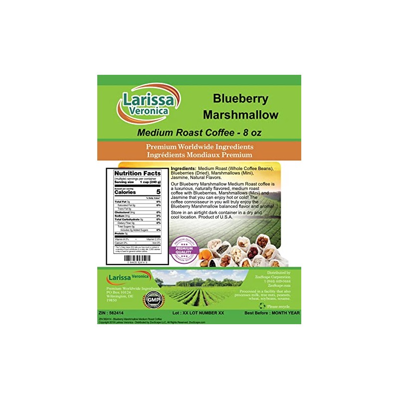 Blueberry Marshmallow Medium Roast Coffee (Gourmet, Naturally Flavored, Whole Coffee