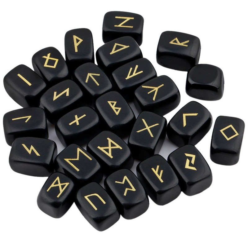 mookaitedecor Black Obsidian Runes Stones Set (25 Pieces), Tumbled Gemstone