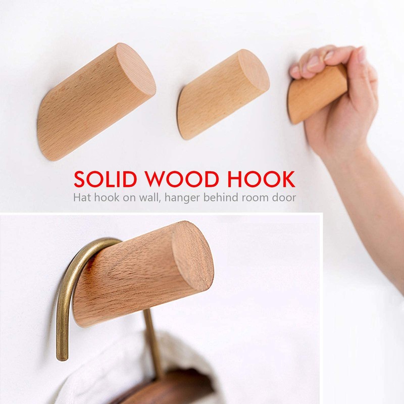 TDDL Pack of 6 Wooden Coat Hooks Natural Wall Hooks