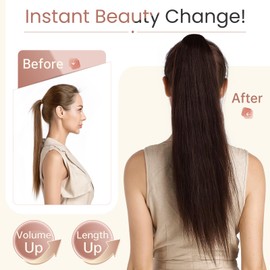 Elailite Human Hair Ponytail Extension Claw on Clip Real Human Hair Natural HairPiece Straight (#2 Dark Brown, 16 Inch)