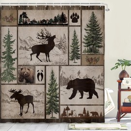 Rustic Cabin Shower Curtain Farmhouse Bathroom Decor, Country Black Bear Deer Moose Forest Woodland Shower Curtain Set, Hunting Cabin Fabric Shower Curtain Bathroom Accessories with 12PCS Hooks, 70X70