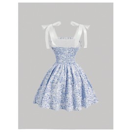Milumia Women's Floral Tie Shoulder Cami Dress Lace Up Side Vintage Flared Short Dresses Mluti Blue and White Small