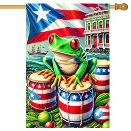 HOMETITUTE Puerto Rico Coquí Garden Flag 28 x 40 Inch Double Sided House Flag with Red-Eyed Tree Frog Drums and Flag Design for Yard Porch Caribbean Festival Outdoor Decor