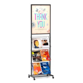 lesolar Floor-Standing Magazine Rack with Poster Board Stand 4-tier Newspaper Holder Book Display Shelf Brochure Display Stand Poster Sign Holder with Wheels Suitable for Exhibitions Store Business