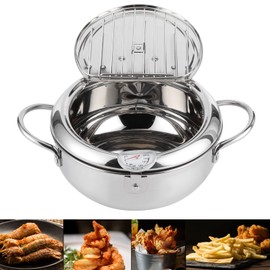 Deep Fryer Pot,4 in 1 Japanese Stainless Steel Tempura Fryer Pan with Lid Oil Draining Rack Thermometer Japanese Tempura Deep Fryer for Tempura Chips, (L Size 24cm / 9.4in)