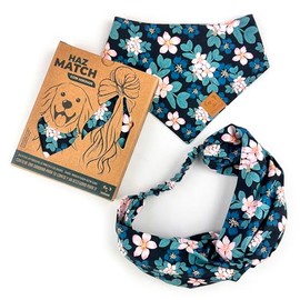 Match Dúo Bandana Perro + Diadema Humano Flores (03 Azul miniflores Rosas, S)
