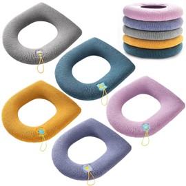 YUANQIAN Thicker Bathroom Toilet Seat Cover Pads - Soft Warmer Toilet Seat Cushion Cover with Handle, Stretchy Washable Fiber Cloth, Easy Installation, Comfortable Toilet Lid Seat Cover, 5 Pack