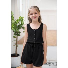 Fashare Girls Summer Rompers Button Down Sleeveless Scoop Neck One Piece Jumpsuit Adjustable Waist Shorts with Pockets
