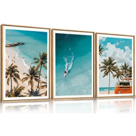 LHIUEM Large Nature Surfboard Beach Framed Canvas Wall Art,Summer Ocean Surfing Wall Decor,Palm Trees Wall Painting,Modern Picture Artwork for Living Room,Bedroom,Dining Room,Office -24"x36"x3