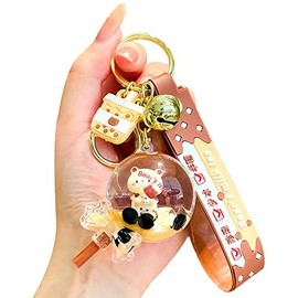 HSYHERE Men Women Creative Interesting Floating Milk Tea Brown Bear Lucky Bottle Keychain Keyring, Bubble Tea Bear Moving Liquid Sand Car Key Chain Key Ring Bag Pendant Decoration Key Holder -Lollipop