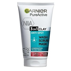 Garnier Pure Active 3in1 Clay Mask Wash Scrub 150ml, With Clay, Eucalyptus & Salicylic Acid, Face Cleanser For Oily Skin