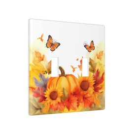 Double Wall Plate Cover Thanksgiving Autumn Fall Sunflower Maple Leaves Pumpkin Standard Two Gang Toggle Decorative Light Switch