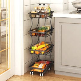 CHLORYARD 4 Tier Slim Fruit Basket for Kitchen, Stackable Metal Wire Fruit Vegetable Storage Baskets Organizer Stand on Wheels, Produce Basket Potato Onion Storage Bins Rack for Pantry. (Black)