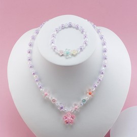 HWJQ 2Pcs Flower Beaded Necklace Bracelet Set for Women Cute Daisy Sweet Necklace Adjustable Elastic Ball Bead Bracelet Flower Jewelry Gift