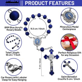 TALISMAN4U Saint Benedict One Decade Car Rosary for Rearview Mirror Virgin Mary Medal Deep Blue Rosary Beads Catholic Evil Protection Auto Rosary for Women Men