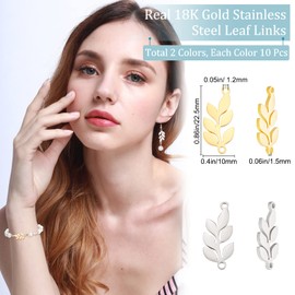 Beebeecraft 20pcs/box 2 colours leaf charms, 18K gold plated and stainless steel, 2 holes, leaf connectors, charms for DIY making bracelets, necklaces, earrings