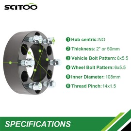SCITOO 4PCS 2" 6x5.5 to 6x5.5 6x139.7 Wheel Spacers 108mm 14x1.5 Studs 6 Lug fit 1988-2000 for C2500 1988-1998 for K1500