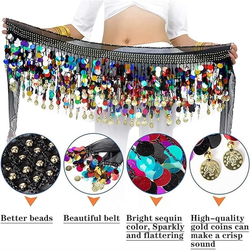 Cinturón de monedas para mujer, bufanda de cadera con flecos,
