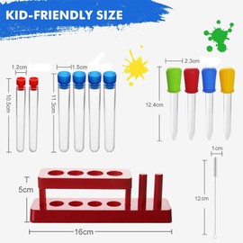 Pipette Kinder 12 Stücks Plastik Pipetten Kinder 5 ML Reagenzgläser, mit 6 Ständer Pipette Set, 4 Tropfpipetten, Reagenzglasstände und Reinigungsbürste, für kreative Labor Kinder Experimente