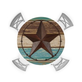 SEVENBABU Round Table Cover 45-54 Inch, Waterproof Reusable Table Cloth Round Fitted Vinyl Tablecloth with Elastic Edged for Parties Outdoors, Rustic Farm Barn Wood Texas Star Teal Green Brown