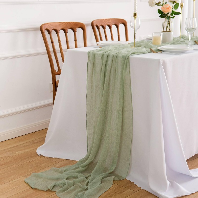 Aoksunova Cheesecloth Wedding Table Runner, Eucalyptus Green, Muslin, Chiffon, 400