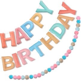 Bosctanuc Pre Strung Happy Birthday Banner, Felt Ball Garland Happy Birthday Garland, Macaron Birth Day Decor Party Favor, Macaron String Balls, Resuable Felt Banner