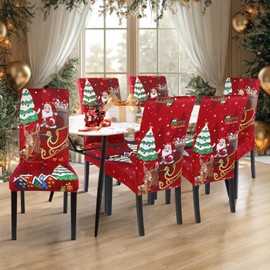 SearchI Christmas Chair Covers Set of 6, Stretch Xmas Dining Room Chair Protector Slipcovers, Spandex Holiday Parsons Chair Cover for Christmas Decoration, Home Decor, Ceremony（Santa Claus+elk）