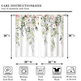 oolygoo Eucalyptus Botanical Leaves Pink Rose Floral Kitchen Window Curtains Flower Plant Leaf Small Window Treatment Sage Green Cafe Short Curtains for Bathroom Treatment Tier Drapes 26x36 inch