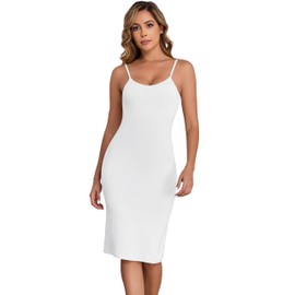 Qzzater Women's Full Slip Under Dress Adjustable Spaghetti Strap Camisole Midi Dress Knee Length Slips Nightwear White Medium