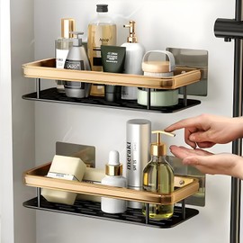 SmartSwift Shower Caddy No Drilling - Bathroom Organiser - 2 Shelves in Unique Design - Rustproof, High Capacity and Easy Installation (Gold & Black)
