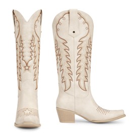 wetkiss Women's Cowboy Boots Knee High Boots Western Boots with Retro Embroidered Pointed Toe Chunky Heel Pull On Long Tall Boot for Ladies (Beige Size9)