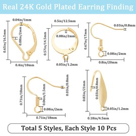 Beebeecraft 5 Styles 50Pcs Earring Hooks Set 24K Gold Plated Brass & Stainless Steel Leverback Earring Findings for Earrings Jewelry Making