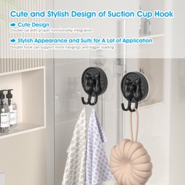 AST Cute Double-Cat Suction Cup Hook, 4 Pack, Heavy Duty Hooks, Upgraded Reliable Force of Both Adhesion and Vacuum, Wall Holders for Loofah, Towel, Coat and Bath Robe, Waterproof Hanger, Matte Black