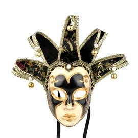 YU FENG Jester Bells Full Face Venetian Mask Black Jocker One Size Novelty Item for Party