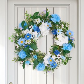 GENMOUS 24 Inch Summer Spring Blue Daisy Wreath for Front Door, Rustic and Farmhouse Flower Wreath with Myosotis sylvatica, Indoor&Outdoor Wedding Wall Home Decor