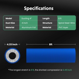 iPower 4 Inch 8 FT Flexible Aluminum Ducting Including 2 Clamps 1-Pack Blue