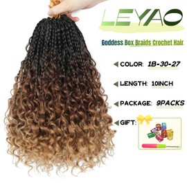LEYAO 10 Inch Goddess Box Braids Crochet Hair 9 Packs Pre Looped Boho Crochet Box Braids for Black Women Synthetic Braiding Hair with Curly Ends (1B/30/27)