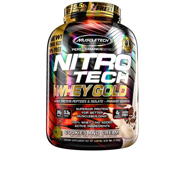 Whey Protein Powder | MuscleTech Nitro-Tech Whey Gold Protein Powder | Whey Protein Isolate Smoothie Mix | Protein Powder for Women & Men | Cookies and Cream Protein Powder, 5.5 lbs (76 Servings)