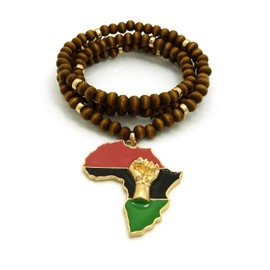 Fist Power in Pan African Colored Africa Map Pendant 6mm 30" Wooden Bead Necklace in Gold Tone (Pan Color / 6mm 30" Wooden Bead Brown)