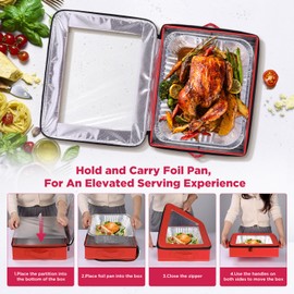 OUTXE 2 Pack 9x13 in Foil Pan Carrier with Lid, PU Leather Foil Pan Holder with Handle, Serving Tray for Food, Stackable Aluminum Pan Holder, for Travel, Potlucks, Parties, BBQ, Picnics, Home (Red)