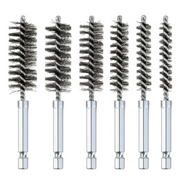6 Pcs Stainless Steel Bore Brush Set with 1/4" Hex Shank Twisted Wire Bristles, Different Sizes (8, 10, 12, 15, 17, 19mm) for Rust and Tube Cleaning