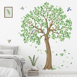 decalmile Large Green Tree Wall Stickers Falling Leaves Birds Wall Decals Living Room Bedroom Office Wall Decor(H: 59 inches/150 cm)