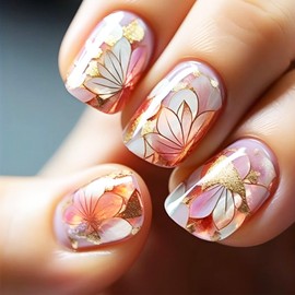 Blooming Colorful Flower Press on Nails Gingko Blossom Short Square False Nails 24 Pcs Glossy Gold Glitter Acrylic Fake Nails Gel Glue on Nails Multicolor Gradient Stick on Nails for Coquette Women