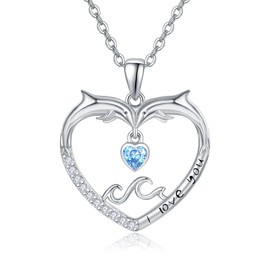 KINGWHYTE Dolphin Necklace Sterling Silver Heart Shape Dolphin Pendant Ocean Wave Jewellery Birthday Gifts for Women, Sterling Silver, dolphin